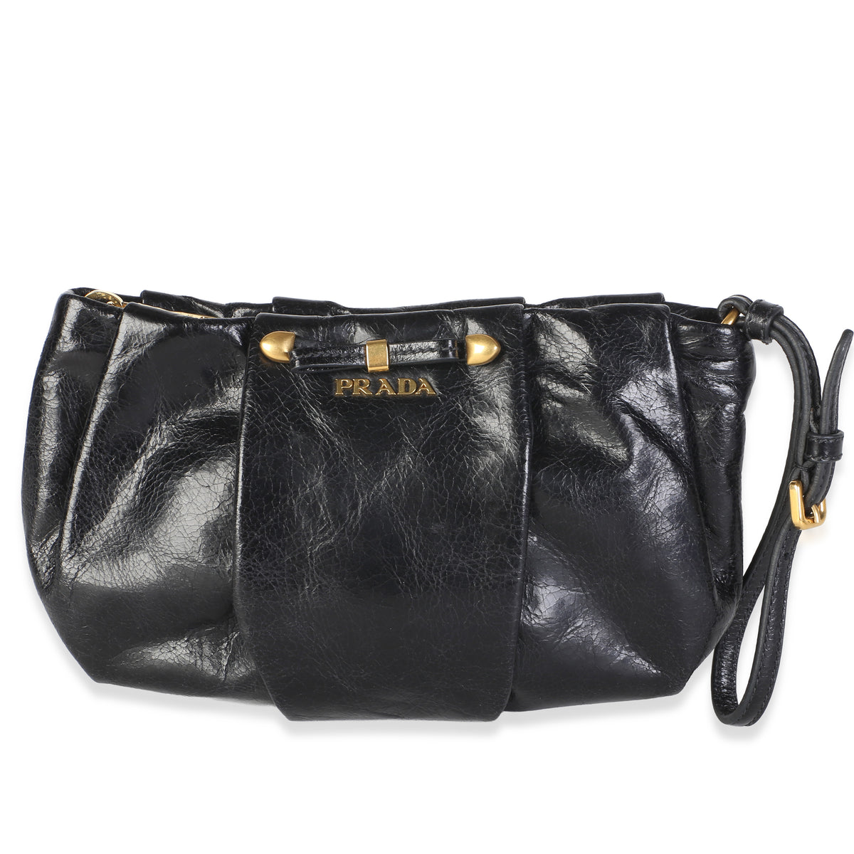 Prada Black Vitello Shine Pleated Bow Wristlet Clutch Handbag id