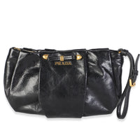 Prada Black Vitello Shine Pleated Bow Wristlet Clutch Handbag id