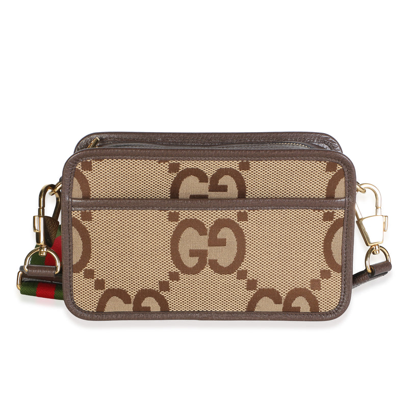 Gucci Camel Jumbo GG Canvas Textured Dollar Calfskin Web Mini Messenger Bag Handbag id