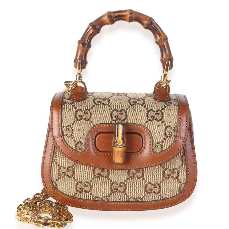 Gucci Camel GG Supreme Canvas Crystal Mini Bamboo 1947 Top Handle Bag Handbag id