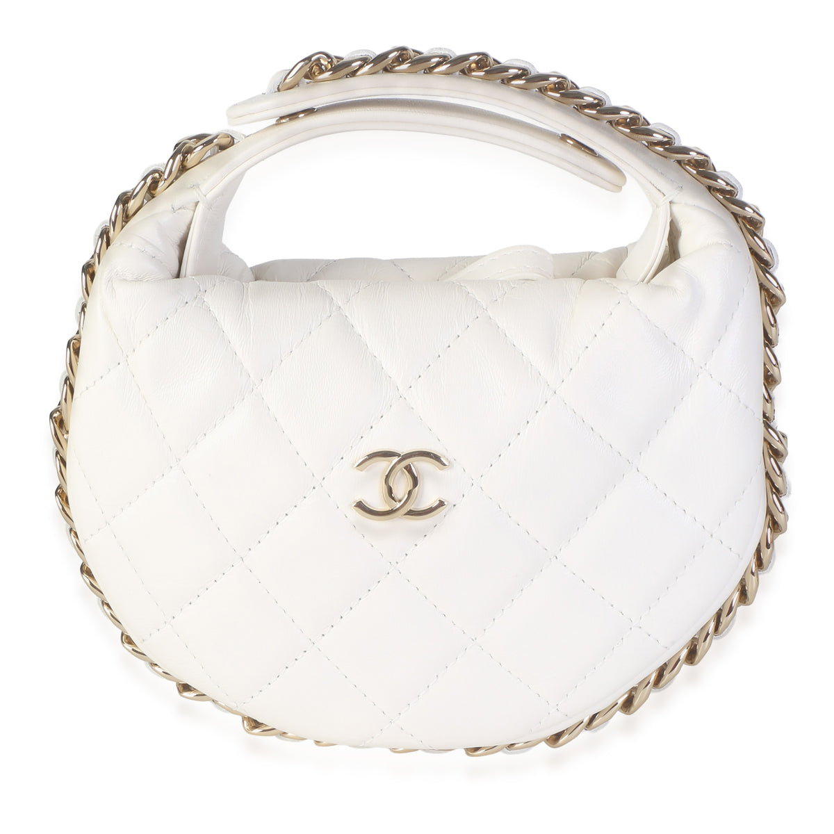 Chanel White Quilted Lambskin Chain Around Mini Pouch Handbag fv