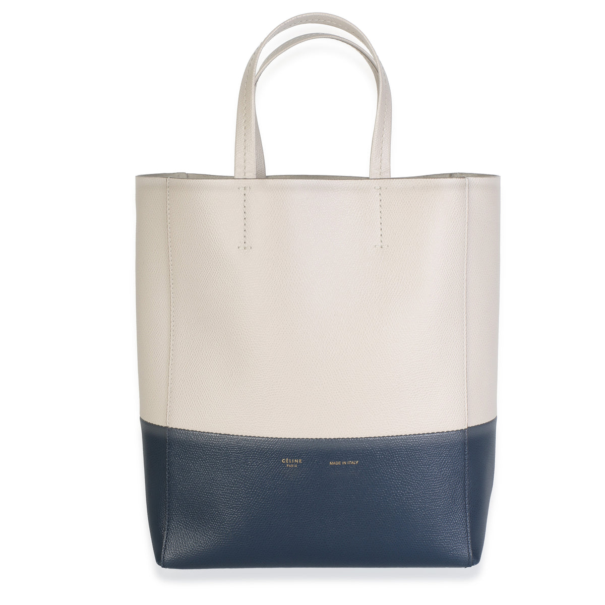 Celine Navy Beige Grained Calfskin Small Vertical Bi Cabas Tote Handbag fv