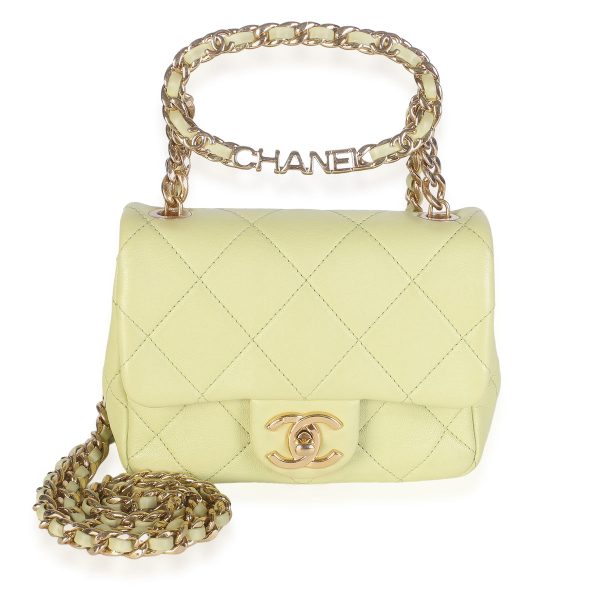 Chanel Light Green Quilted Lambskin Logo Chain Top Handle Mini Square Flap Bag Handbag id