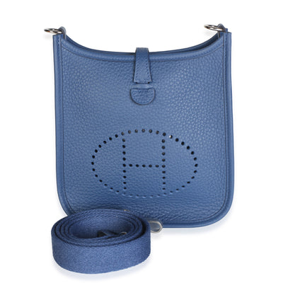 Hermès Bleu Tie Clemence Mini Evelyne TPM 16 PHW Handbag fv