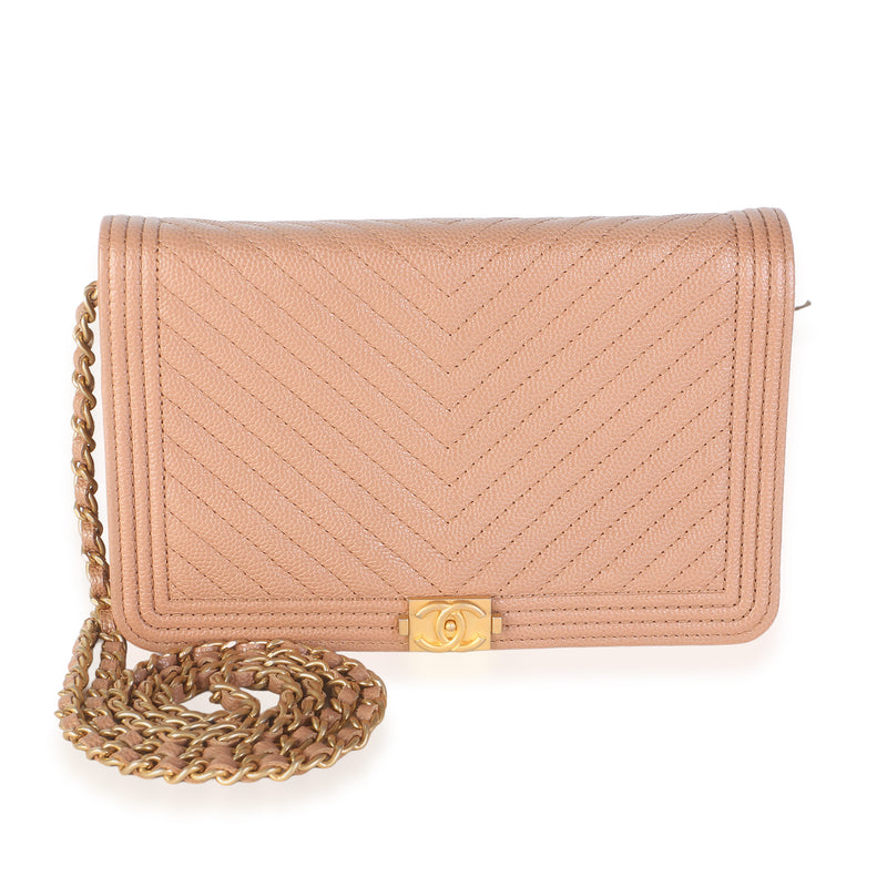 Chanel Dark Beige Chevron Quilted Caviar Boy Wallet On Chain Handbag id