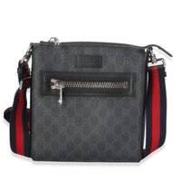 Gucci Black Grey GG Supreme Canvas Web Small Flat Messenger Bag Handbag fv