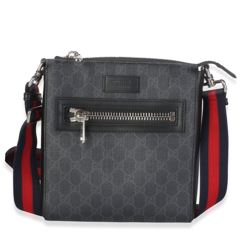 Gucci Black Grey GG Supreme Canvas Web Small Flat Messenger Bag Handbag id