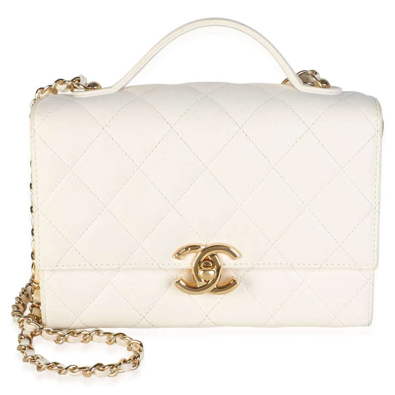 Chanel White Quilted Lambskin Mini Golden Plate Flap Bag Handbag fv