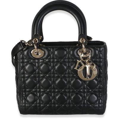 Christian Dior Black Lambskin Cannage Medium Lady Dior Handbag fv