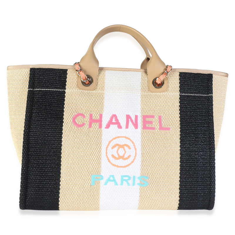 Chanel Natural Multicolor Straw Raffia Calfskin Striped Medium Deauville Tote Handbag fv