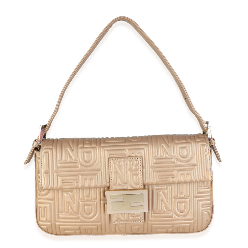 Fendi Vintage Gold Nappa FF Embossed Medium Baguette Bag Handbag fv