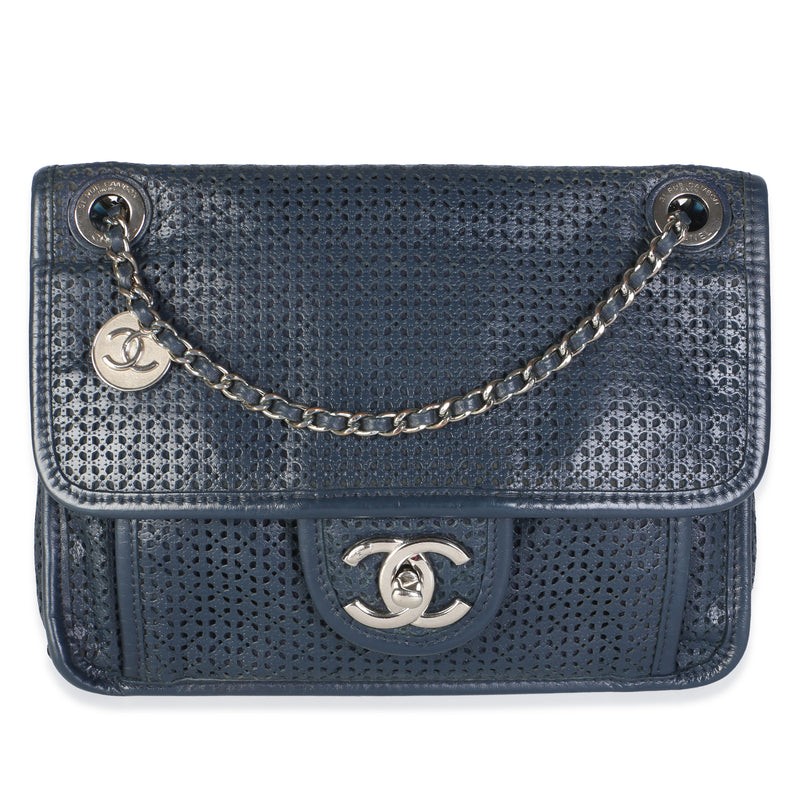 Chanel Navy Perforated Calfskin Small Up In The Air Flap Bag Handbag fv