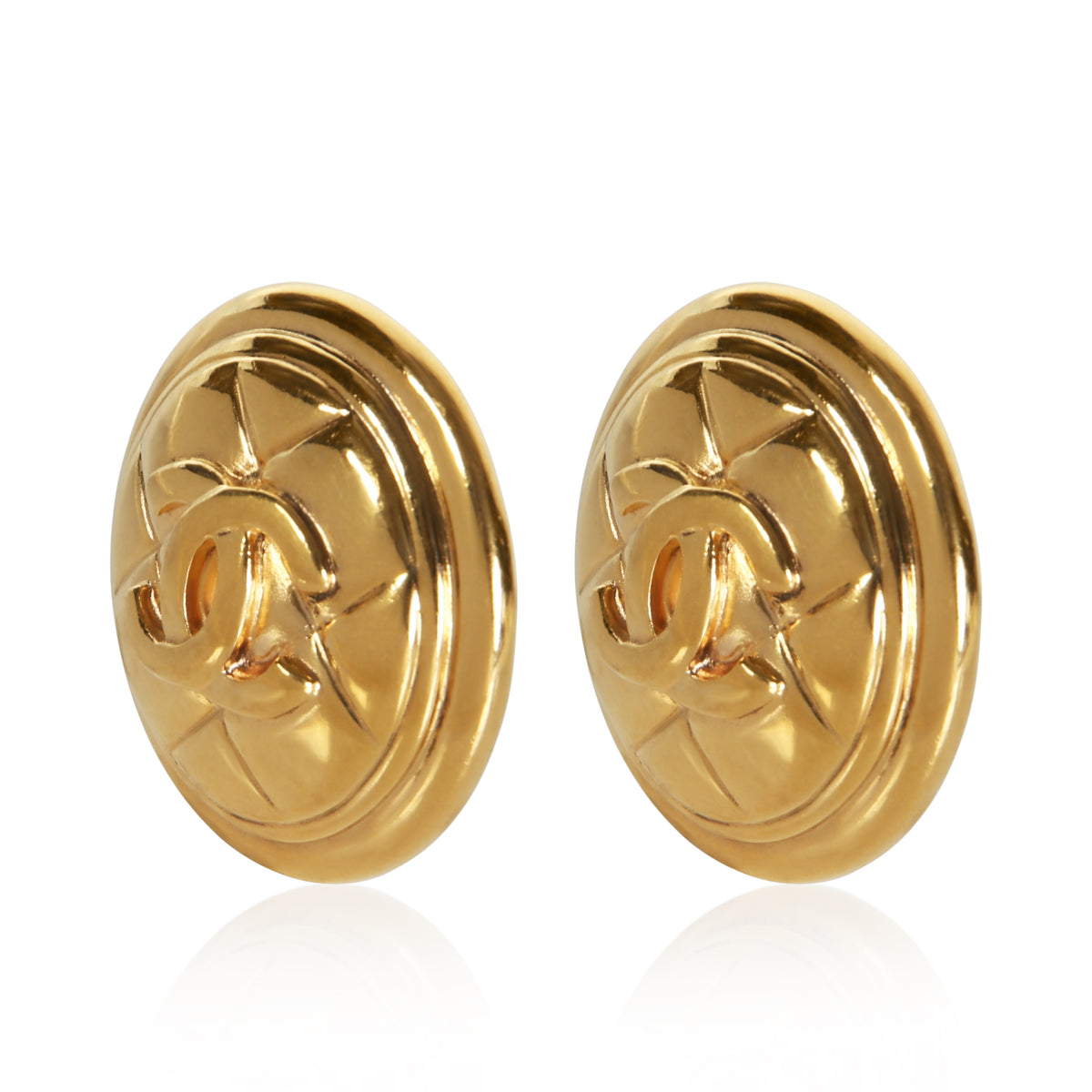 Chanel Gold Plated Vintage Quilted CC Button Earrings 2
