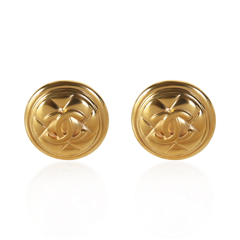Chanel Gold Plated Vintage Quilted CC Button Earrings fv