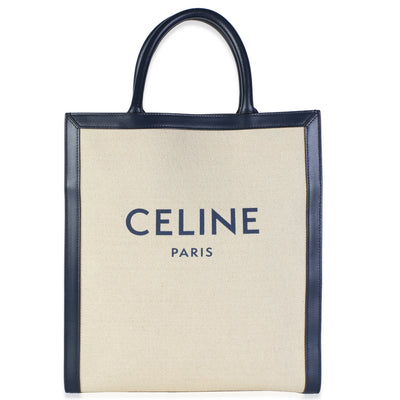 Celine Navy Natural Canvas Calfskin Logo Print Small Vertical Cabas Tote Handbag id
