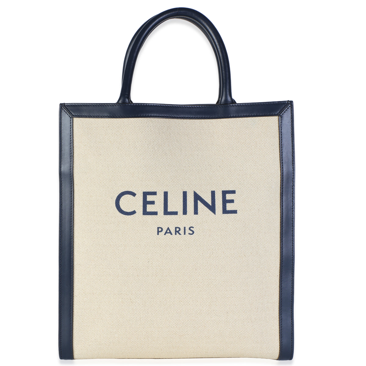 Celine Navy Natural Canvas Calfskin Logo Print Small Vertical Cabas Tote Handbag id