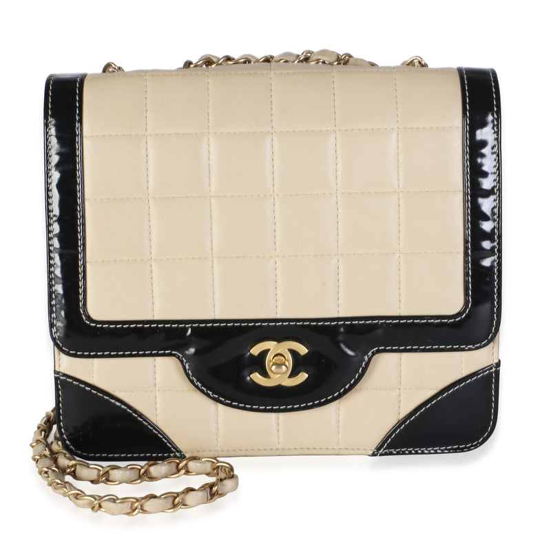 Chanel Vintage Bicolor Beige Black Quilted Lambskin Patent Chocolate Bar Square Handbag id