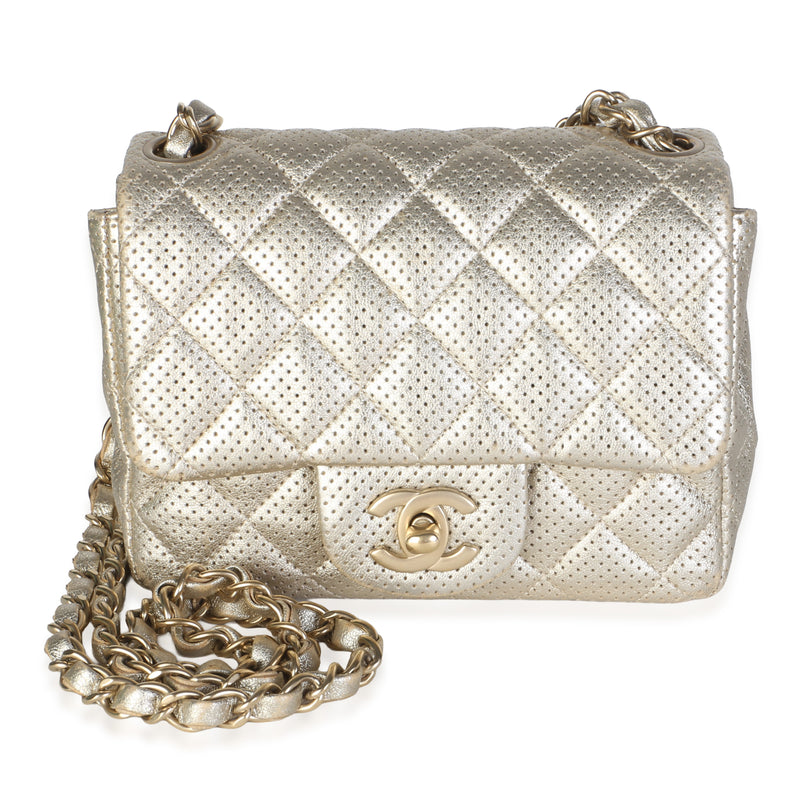 Chanel Light Gold Metallic Perforated Lambskin Mini Square Flap Bag Handbag id