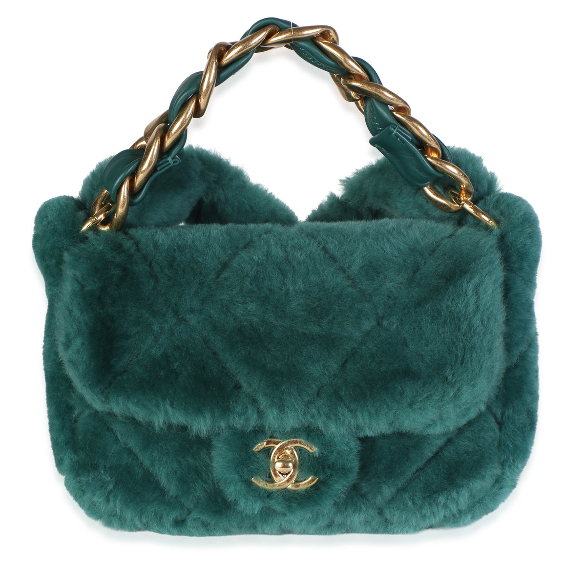 Chanel Turquoise Shearling Quilted Lambskin Chunky Chain Flap Bag Handbag id