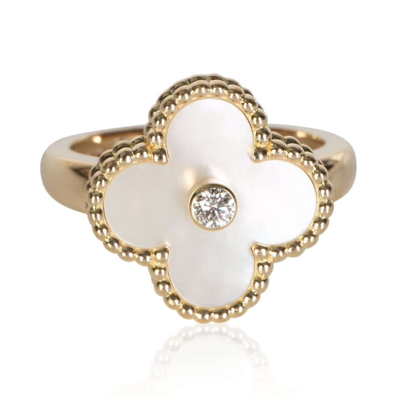 Van Cleef & Arpels Yellow Gold Mother Of Pearl and Diamond Vintage Alhambra Ring fv