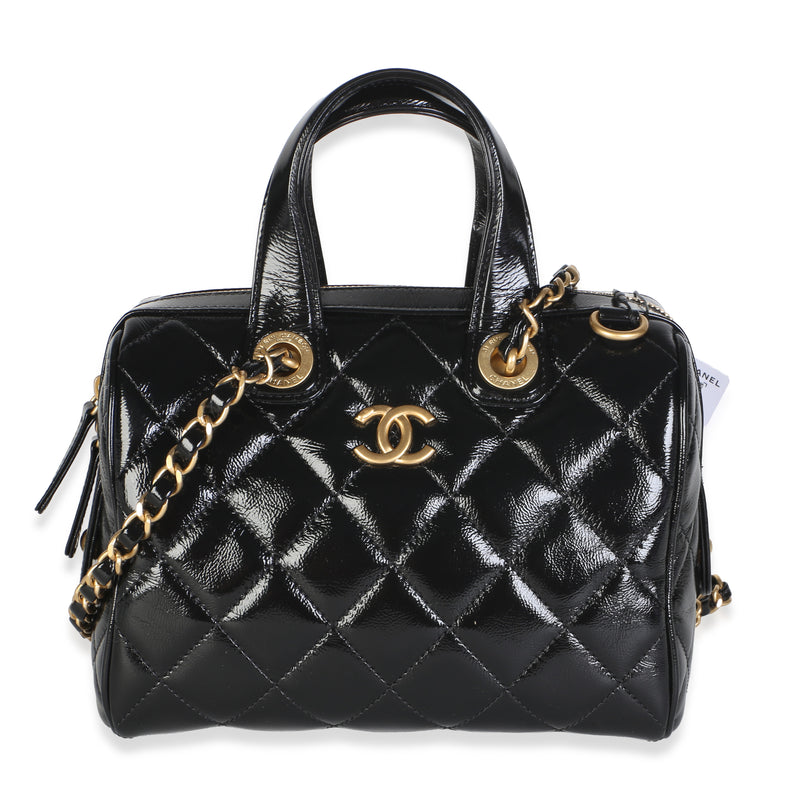Chanel 25A Black Shiny Crumpled Quilted Patent Small Bowling Bag Handbag id
