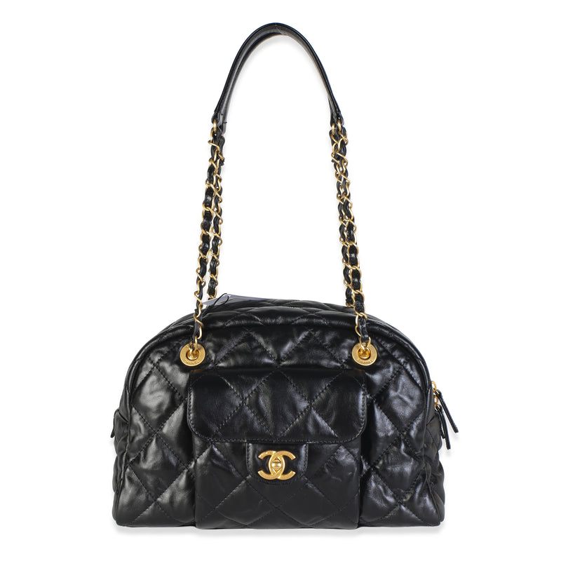 Chanel 24A Black Shiny Crumpled Calfskin Quilted Large Bowling Bag Handbag id