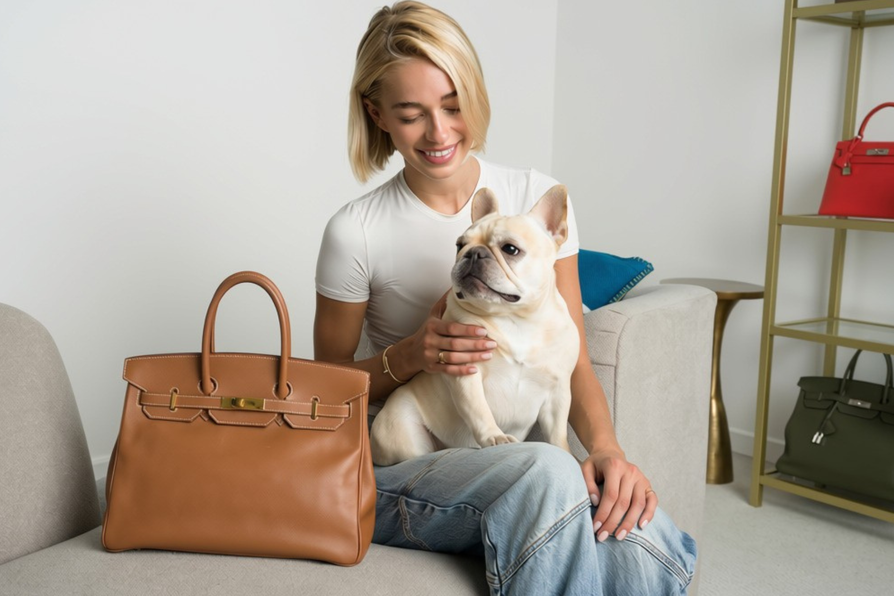 A woman sitting on a light gray sofa holds a small cream-colored French Bulldog while wearing a white t-shirt and blue jeans. To her left is a Hermès Birkin handbag with gold hardware, and in the background, a gold shelving unit holds other handbags.