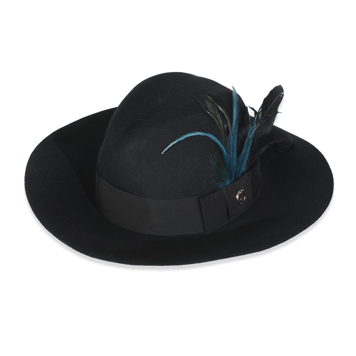 Gucci Black Cotton Blend GG Feather Trilby Hat L sv