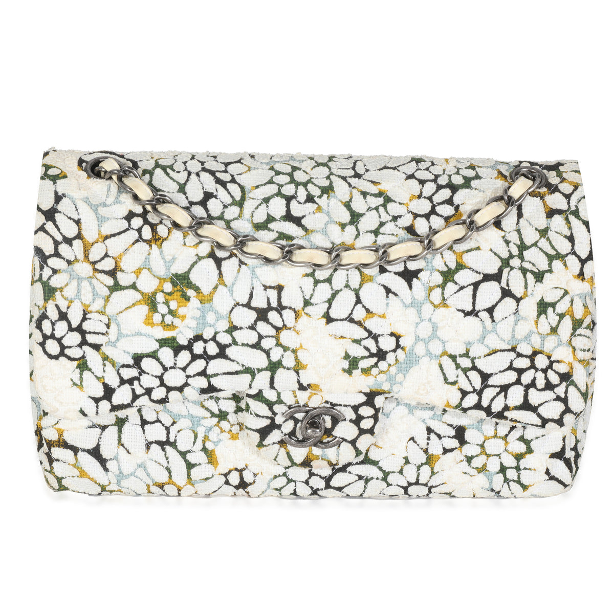Chanel Multicolor White Cut Out Floral Jumbo Double Flap Bag Handbag fv