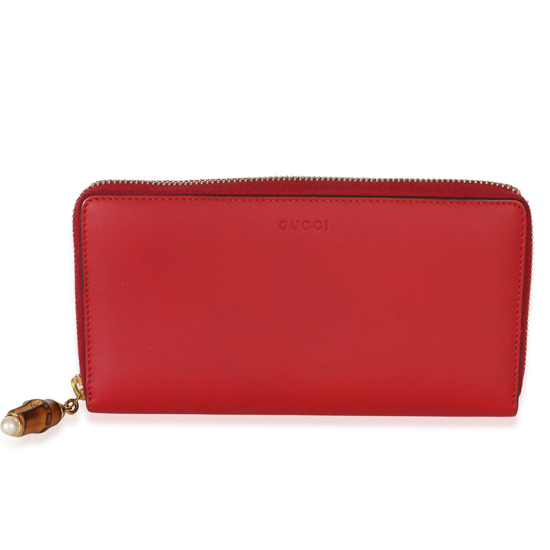 Gucci Red Calfskin Bamboo Pearl Zip Around Wallet Wallet fv