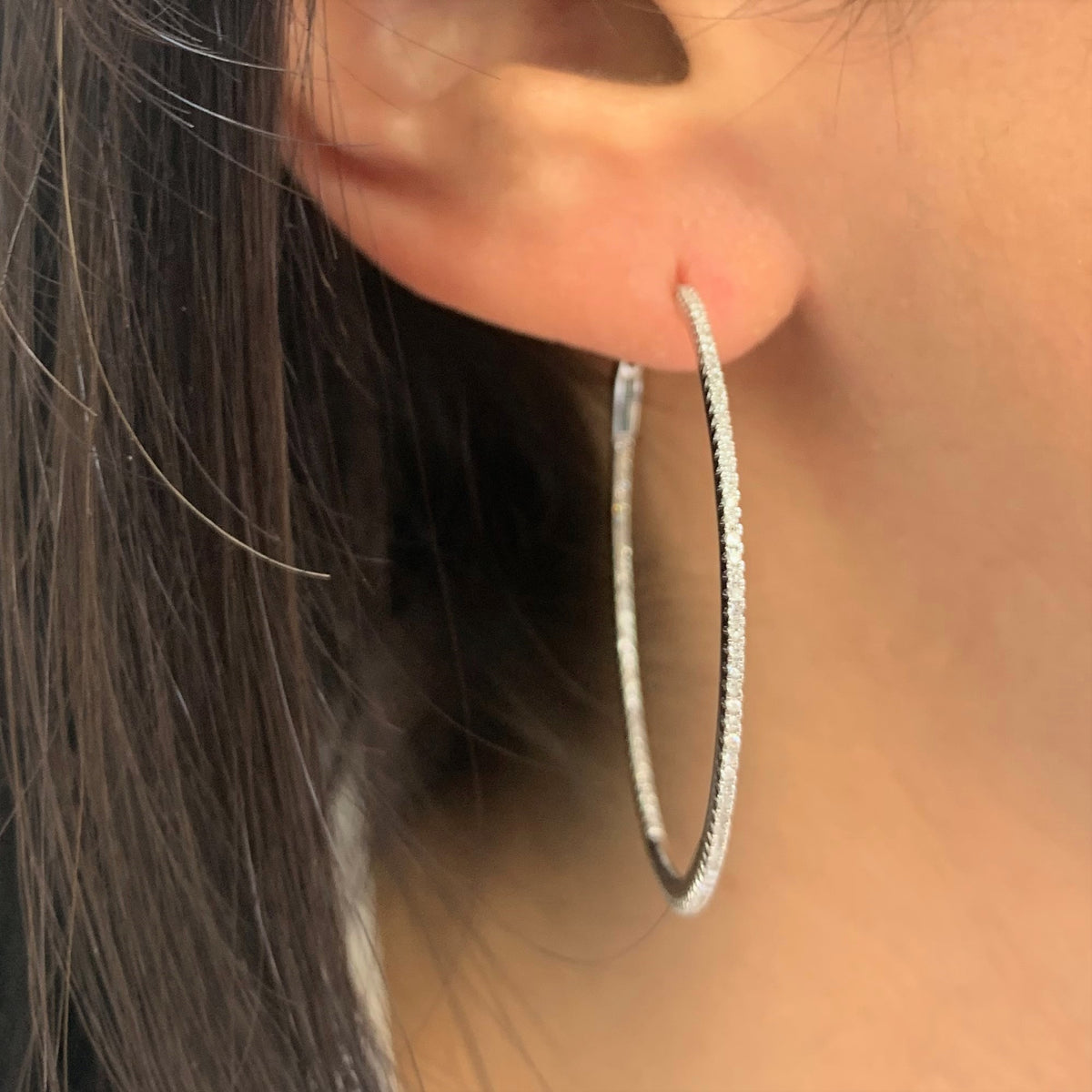 myGemma 14k White Gold & Diamond Skinny Hoop Earrings 1.5