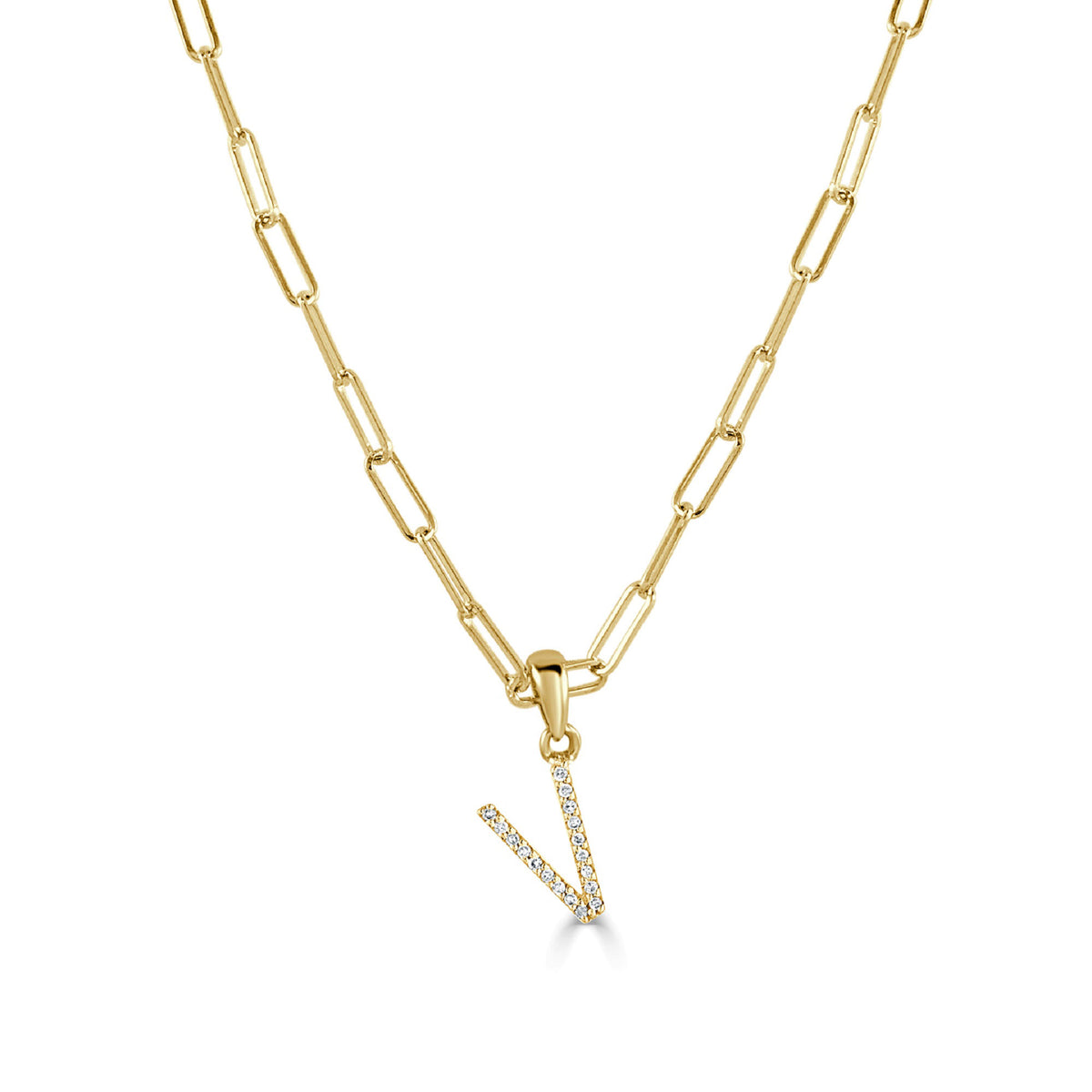 myGemma Diamond Paperclip Initial “V” Necklace in 14K Yellow Gold fv