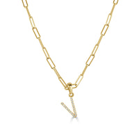 myGemma Diamond Paperclip Initial “V” Necklace in 14K Yellow Gold fv