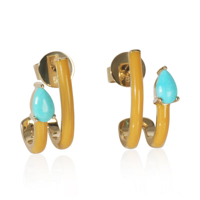 myGemma Yellow Gold Turquoise & Tan Enamel J Hoop Earrings fv