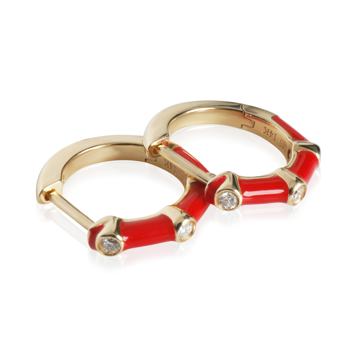 myGemma Yellow Gold Diamond Red Enamel Huggie Earrings av