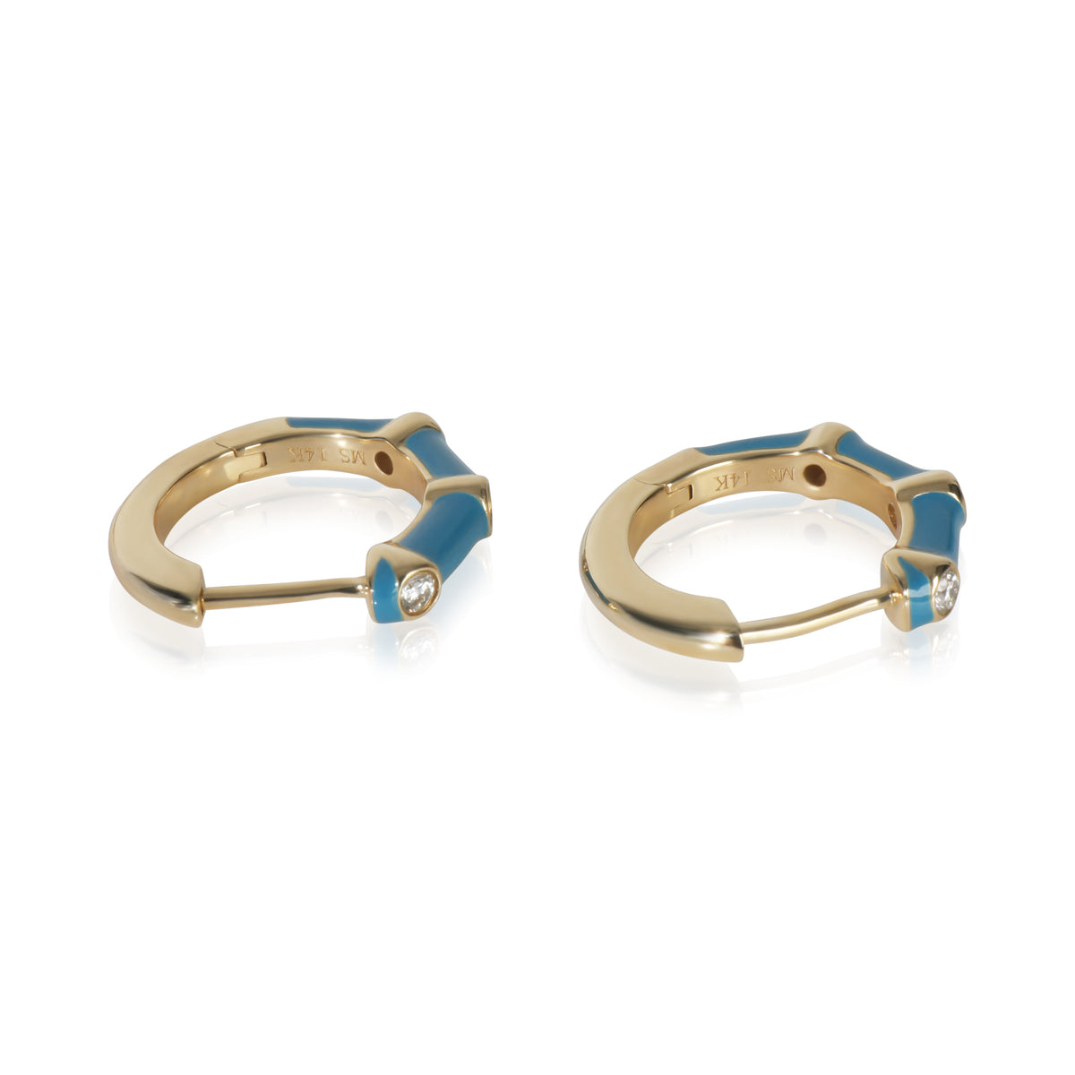 myGemma Yellow Gold Diamond Blue Enamel Huggie Earrings bv
