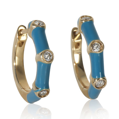 myGemma Yellow Gold Diamond Blue Enamel Huggie Earrings fv