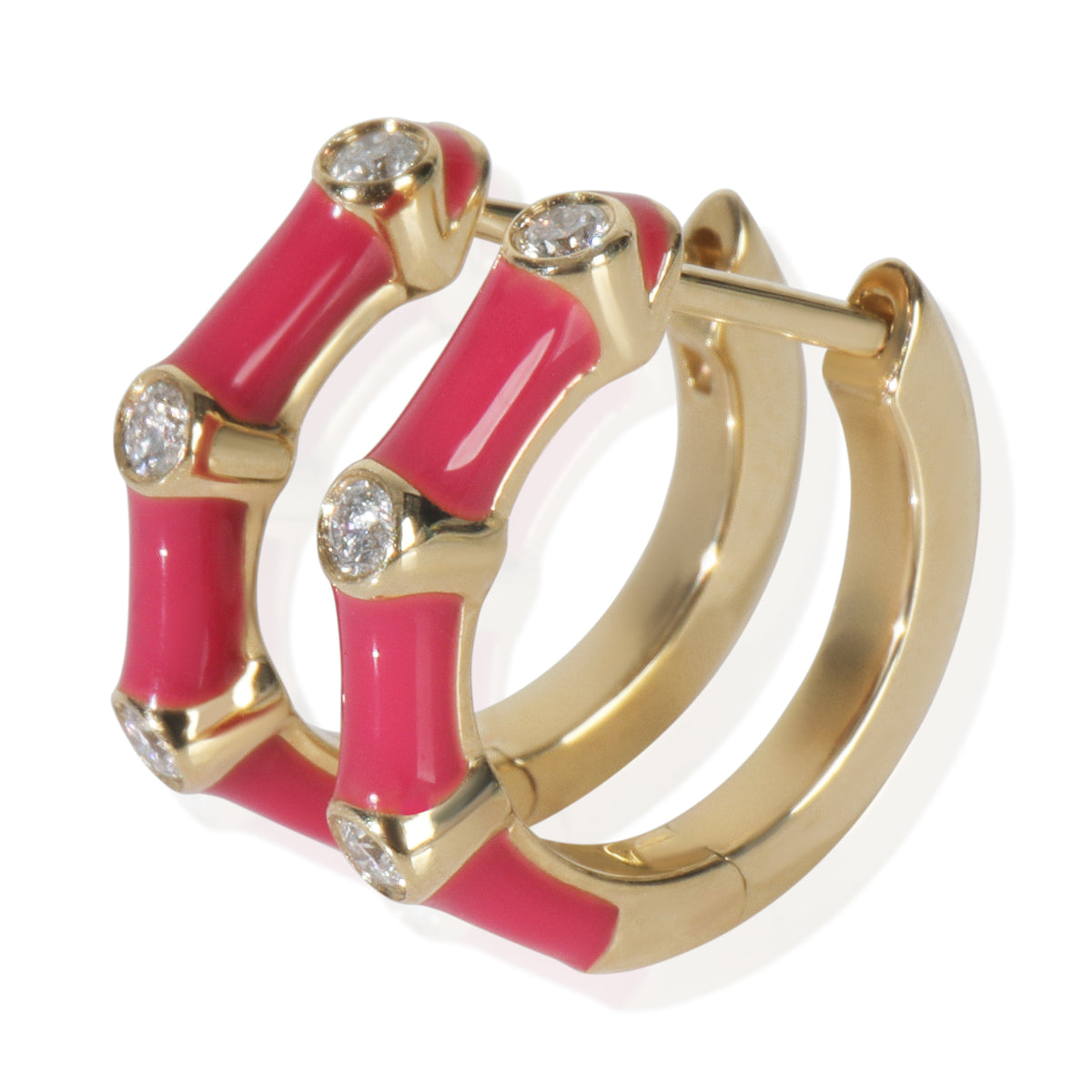 myGemma Yellow Gold Diamond Fuchsia Enamel Huggie Earrings pv