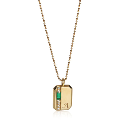 myGemma Yellow Gold Emerald and Diamond Mini Tag Pendant With Initial A Pendant fv