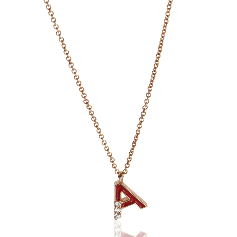 myGemma Rose Gold Diamond Mini Red Enamel Initial A Pendant fv