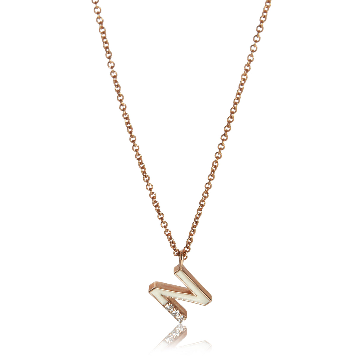 myGemma Rose Gold Diamond Mini Cream Enamel Initial N Pendant fv