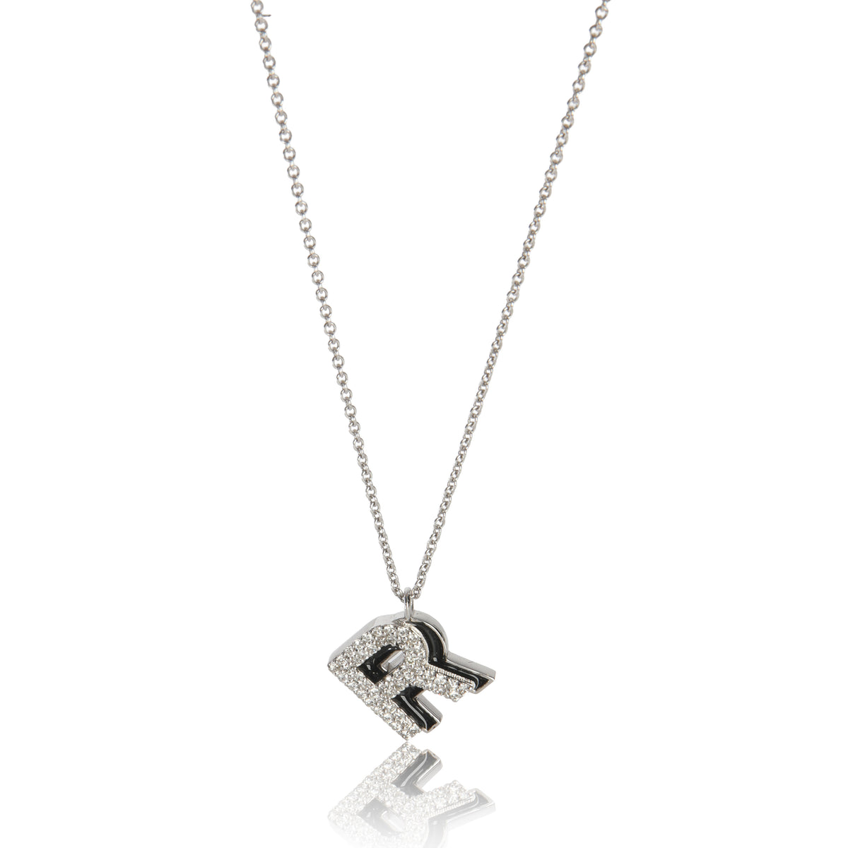 myGemma White Gold Diamond Black Enamel Initial R Pendant fv