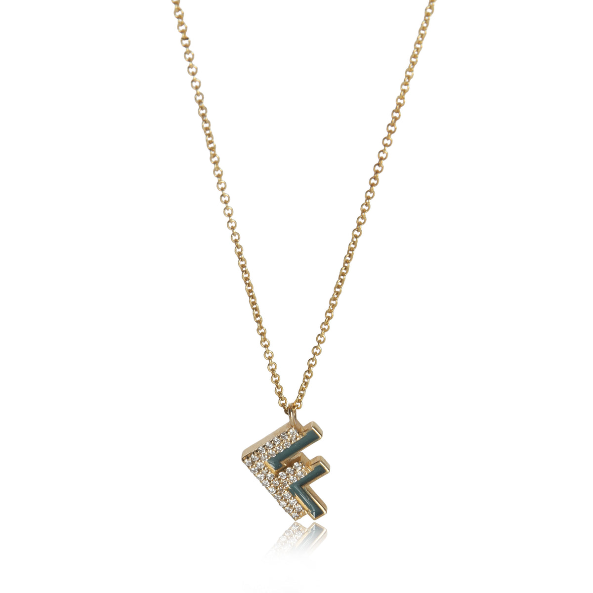 myGemma Yellow Gold Diamond Green Enamel Initial F Pendant fv