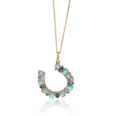 myGemma Yellow Gold  Large Mixed Blue Gemstone Horseshoe Pendant fv