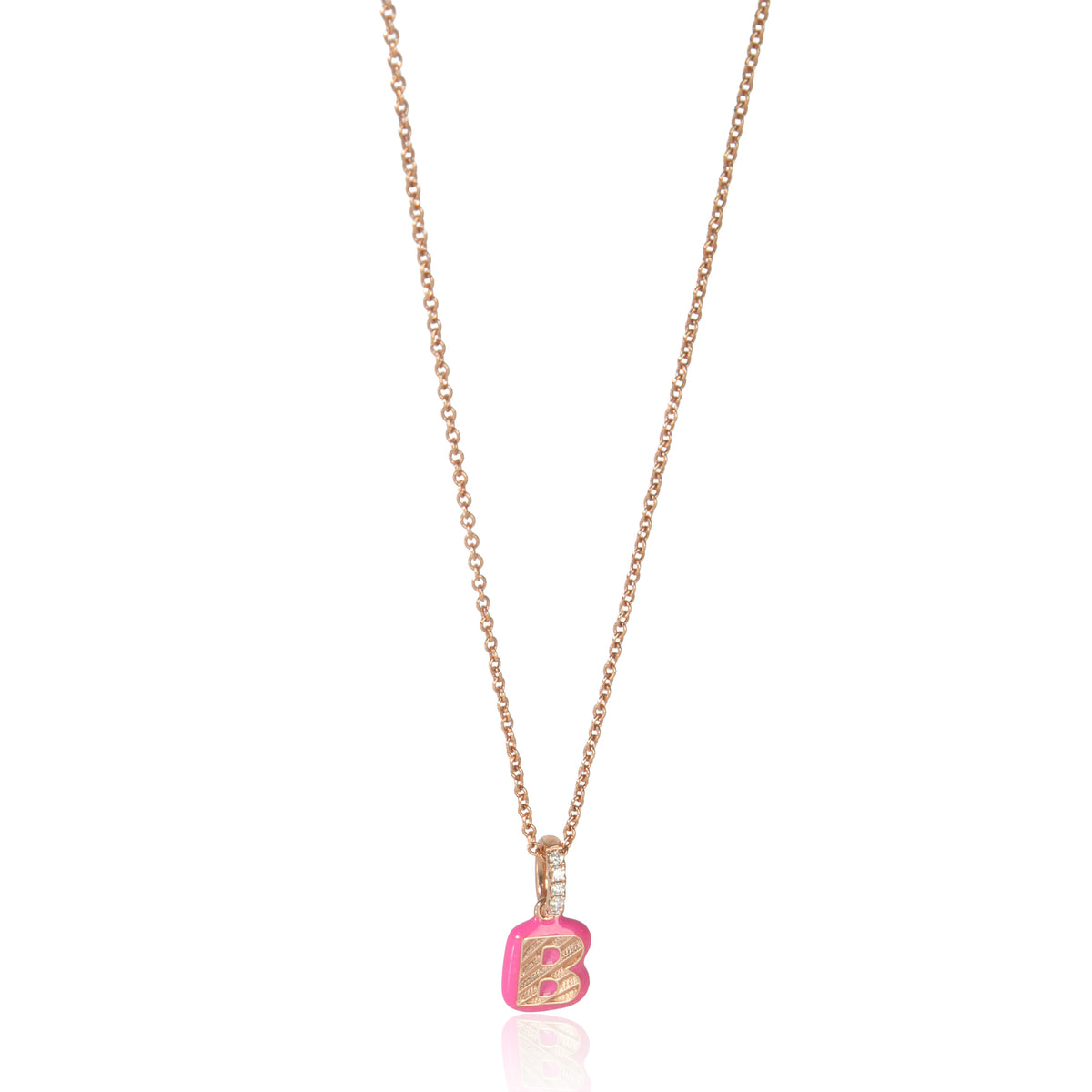 myGemma Rose Gold Diamond Hot Pink Enamel Mini Initial B Pendant fv