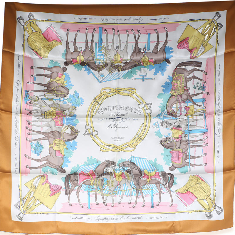 Hermès Caramel Blanc Rose Silk Equipements A Cheval Sur l'Elegance Scarf 70 fv