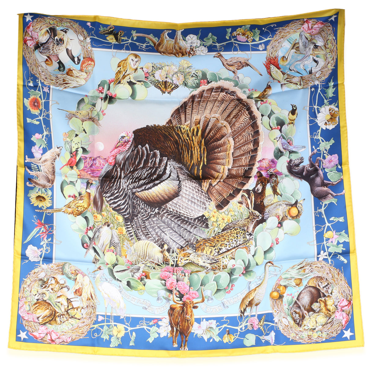 Hermès Jaune Vif Bleu Azur Multicolor Silk Faune Et Flore Du Texas Scarf 90 fv