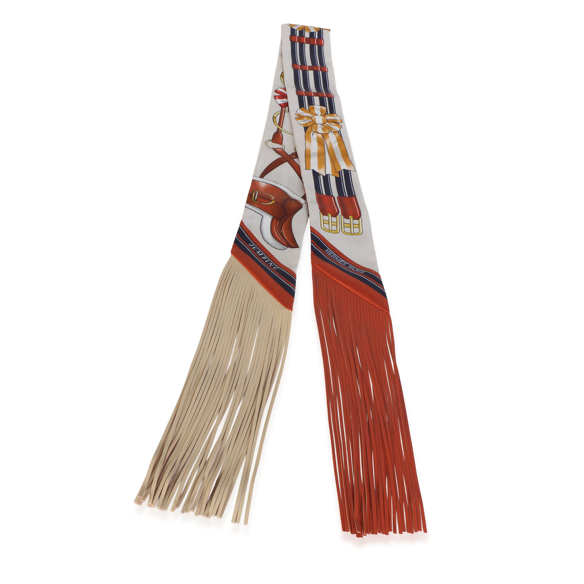 Hermès Creme Alezan Anthracite Silk Jumping Fringe Twilly 2