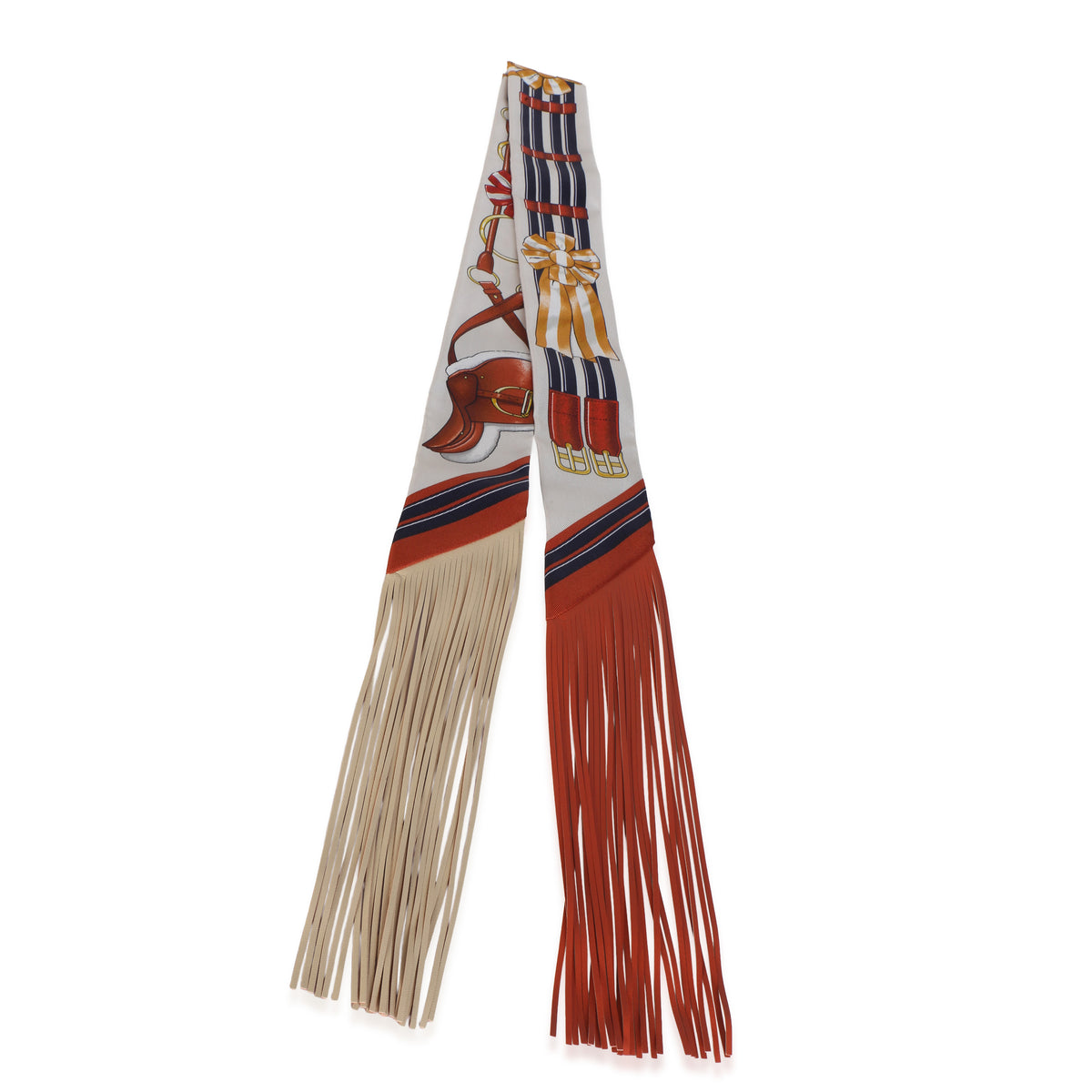Hermès Creme Alezan Anthracite Silk Jumping Fringe Twilly fv