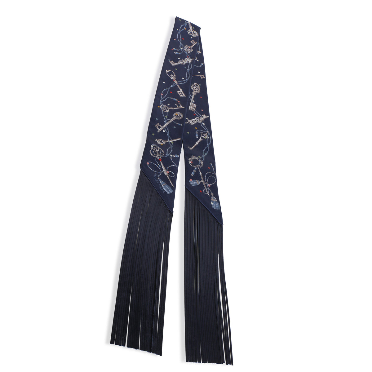 Hermès Bleu Marine Gris Argent Marine Les Cles A Pois Silk Fringe Twilly 2